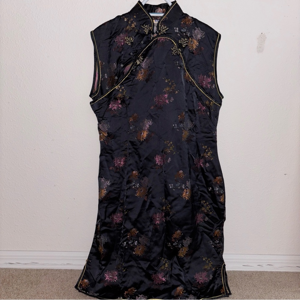 Vtg ESME Cheongsam Qipao dress black floral long asian chinese Sz 42 new